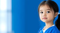 Young Asian girl in bright blue shirt against blue background, confident expression with natural smile, ponytail hairstyle, looking directly at camera. For education and lifestyle concepts.