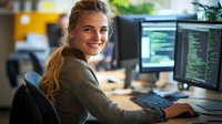 Young female software developer smiling at camera while working on code at her desk in modern office environment with multiple computer screens.