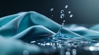 Macro photography of water drop splash creating crown shape with multiple droplets against turquoise wavy background, captured with high-speed technique.