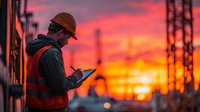 Construction worker using tablet at industrial site during dramatic sunset with safety equipment and high visibility vest.