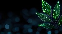 Glowing green leaf silhouette with sparkles and light dots on dark background, digital nature concept with bokeh effect and luminous botanical elements.