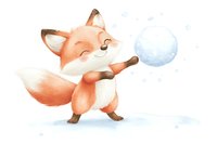 Cute orange fox cub playing with snowball in winter scene, watercolor style illustration isolated on white background for children design projects.