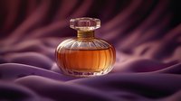 Elegant glass perfume bottle with amber liquid on luxurious purple silk fabric background with soft folds creating sensual waves and dramatic lighting.