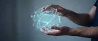 Male hands holding glowing digital globe network, representing global connectivity, data transfer, and worldwide communication technology for business and innovation concepts.