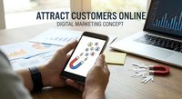 Digital marketing concept with businessman using smartphone showing magnet attracting customers online at modern office workspace with laptop and charts.