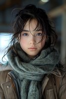 Young Asian woman with windswept hair wearing cozy green knit scarf and brown winter jacket, natural makeup look against blurred background. Portrait captures authentic winter style.