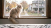 Fluffy orange tabby cat sitting on windowsill looking outside at suburban neighborhood with autumn trees and houses in soft natural light for home decor.