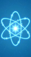 Glowing atomic structure with bright blue neon orbits and central nucleus on geometric background for science education and technology concepts.