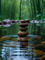 Balanced zen stones in calm water with falling droplet creating ripples, green bamboo forest background reflects peaceful meditation atmosphere.