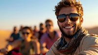 Young bearded man with sunglasses smiling outdoors with friends in background during golden hour sunset, expressing joy and positive lifestyle.