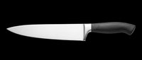 Chef's knife with stainless steel blade and black handle, isolated on transparent background. Ready for kitchen design, cooking blogs, recipe graphics, culinary websites, print-on-demand products, and food service materials.