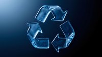 Transparent blue recycling symbol made of ice or glass with crystalline texture on dark gradient background for environmental sustainability concepts.