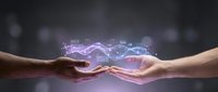 Two hands exchange glowing digital energy waves in purple and blue tones against a blurred dark background, representing technology transfer, innovation, and connection.