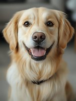 Golden retriever with tongue out, smiling at camera with happy expression, wearing collar, suitable for pet care, veterinary, and animal wellness marketing.