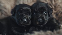 Adorable black labrador retriever puppies cuddling together, showcasing their shiny coats and innocent expressions against soft fur background.