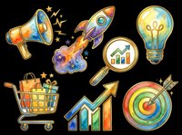 Watercolor business icons set isolated on transparent background, featuring rocket, megaphone, lightbulb, chart, target, cart. Ready for stickers, clipart, print on demand.