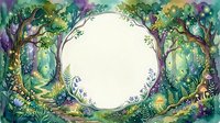 Enchanted forest frame with lush trees, ferns and magical foliage creating circular border for text or design elements on light background.