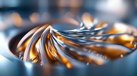 Elegant metallic spiral structure with golden and blue reflective surfaces creating dynamic curves and light effects against dark background.