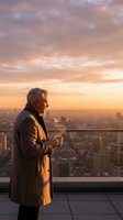 Mature businessman in suit standing on rooftop terrace overlooking city skyline during golden hour sunset, contemplating urban landscape from high-rise building.