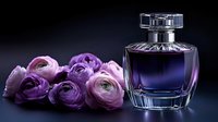 Luxury perfume bottle with purple ranunculus flowers on dark background for cosmetics and fragrance advertising campaigns.