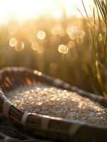 Fresh rice grains in traditional bamboo basket at sunset with golden bokeh lights and natural lens flare, agricultural harvest concept.