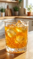 Crystal rocks glass filled with amber whiskey and ice cubes on a wooden table in a bright kitchen with natural sunlight.