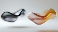 Floating abstract organic shapes in black and gold colors against light background, showcasing fluid motion and modern minimalist design aesthetic for luxury branding.