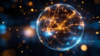 Glowing energy sphere with interconnected golden light trails and blue sparkles against dark background, creating futuristic network visualization effect.