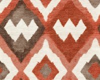 Geometric diamond pattern in terracotta, brown and cream colors on woven fabric texture. Traditional ethnic motif creates seamless repeat for textile and interior design.