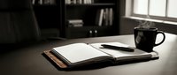 Young professional workspace with open notebook, pen, and steaming black coffee mug on dark desk. Minimalist office setup ideal for business, productivity, and work-related designs.