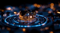 Glowing house surrounded by luminous circular rings against dark background with bokeh lights, creating magical atmosphere for fantasy and technology concepts.