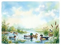 Mallard ducks swimming in a serene wetland pond surrounded by cattails, reeds, and lush vegetation under a soft cloudy sky. Watercolor illustration for nature, wildlife, and outdoor design projects.