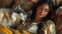 Young Asian woman sleeping peacefully on ornate cushions beside fluffy Husky dog, both relaxed in luxurious setting with gold and oriental patterns, creating cozy atmosphere.