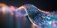Glowing digital wave with blue and pink particles flowing in dark space, abstract technology background with bokeh light effects and depth of field.