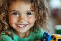 Happy young girl with curly blonde hair smiling at camera while playing with colorful toys, childhood joy and innocence concept for family content.