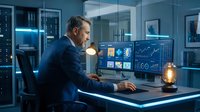 Professional businessman analyzing financial data on computer screen in modern office environment with digital charts and graphs displayed on monitor.