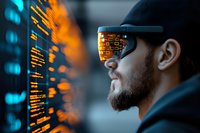 Bearded man in cap viewing digital data visualization reflected in smart glasses. Futuristic orange and blue programming code display for technology concept.