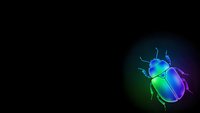 Glowing neon beetle with vibrant blue and green gradient colors on dark background for digital art and technology designs.