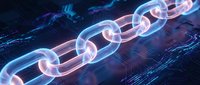 Glowing blockchain chain links with digital data streams and network connections on dark blue technology background for cryptocurrency and fintech concepts.