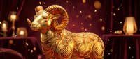 Golden ram figurine with ornate decorative patterns, isolated on burgundy background with bokeh lights and particles, suitable for luxury branding and festive designs.