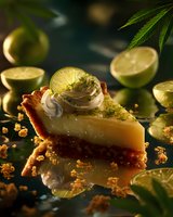 Slice of key lime pie with whipped cream and lime garnish surrounded by fresh limes and cannabis leaves on dark reflective surface.