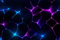 Glowing neon network of interconnected cells with blue and pink luminous lines forming abstract geometric pattern on dark background, suitable for tech concepts.