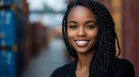 Young African American woman with braided hair smiling confidently in urban setting. Professional portrait for business, lifestyle and diversity content.