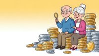 Senior couple sitting on stacks of coins with magnifying glass planning retirement savings and financial security for golden years.