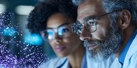 Scientists analyzing glowing digital network visualization, diverse research team examining futuristic data interface with holographic display in laboratory.