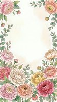 Watercolor ranunculus flowers frame with green leaves and buds on soft beige background for wedding invitations, greeting cards and romantic designs.