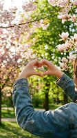 Young woman making heart shape with hands under blooming cherry blossom trees in spring park. Love, romance and seasonal nature concept for wellness designs.