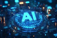 Glowing AI letters on futuristic circuit board with blue neon lights and digital elements creating modern technological atmosphere against dark background.