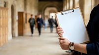 Professional holding clipboard with blank paper in corridor while colleagues walk in background, suitable for business, corporate, and workplace concepts.