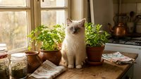 Fluffy white cat with blue eyes sitting among potted herbs on a rustic kitchen windowsill with warm natural light streaming in.